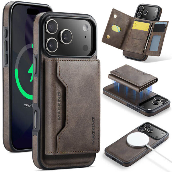 MAGKING Magnetic Leather Wallet Case – RFID Protection, Detachable Wallet, Wireless Charging